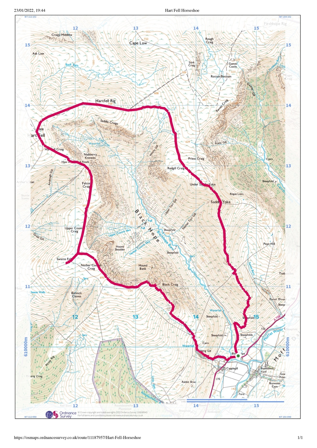 Map Hart Rise Hart Fell Horseshoe Ridge Walk - Hills Trees & Streams